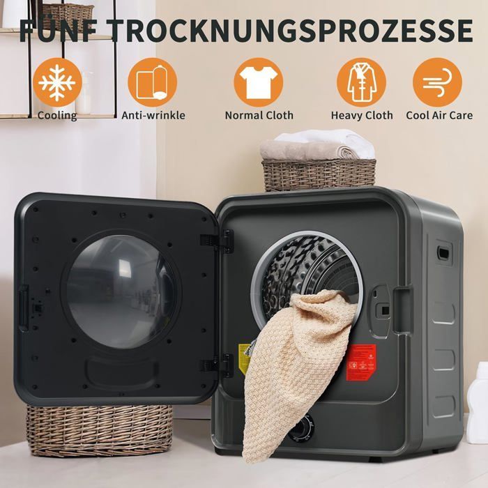 Asciugatrice portatile - 5 modalità di asciugatura - Capacità 3 kg (effettivamente fino a 4,5 kg) - Sistema di filtraggio multiplo, colore nero