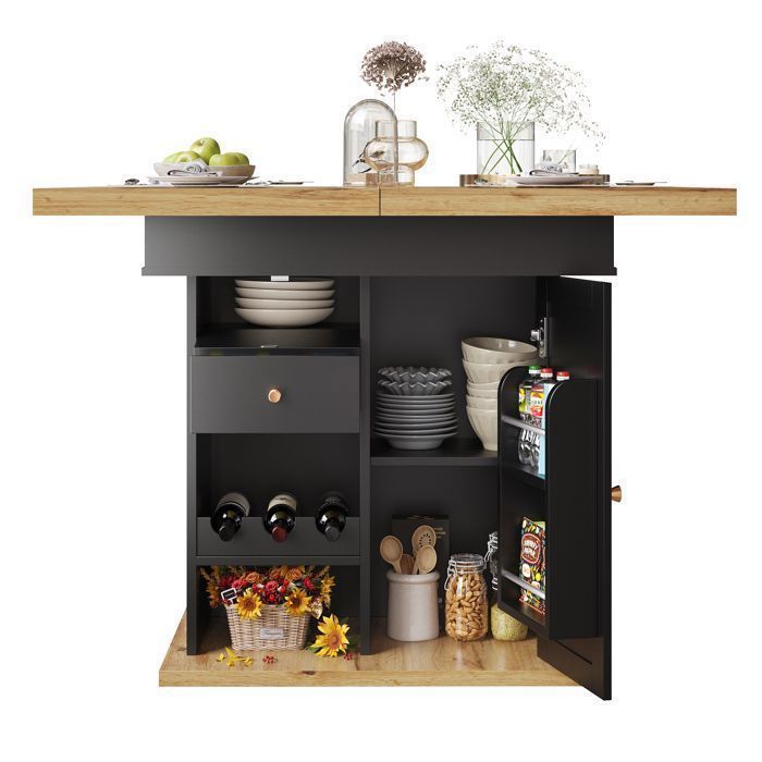 MERAX Table à Manger Extensible 110-140×80 cm -  Table de Cuisine pour 4-6 Personnes - avec Tiroirs et Porte-Bouteilles - Noir