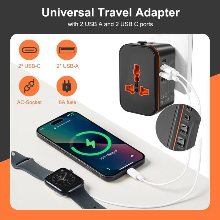 Adaptador de enchufe de viaje universal, adaptador de viaje universal con 2 puertos USB y 2 puertos USB-C.