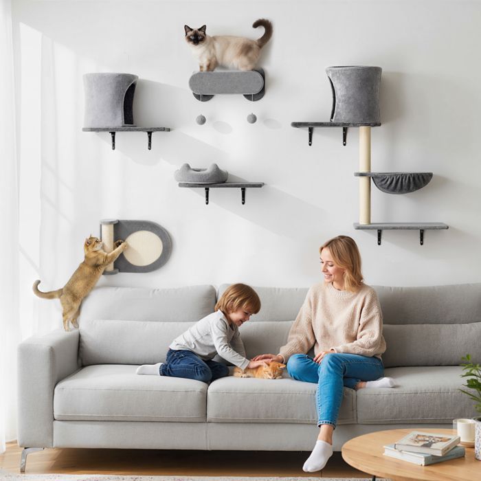 Estantes de pared para gatos, árbol rascador de pared de 5 piezas con 2 casitas, hamaca, plataformas y postes rascadores de sisal en color gris.