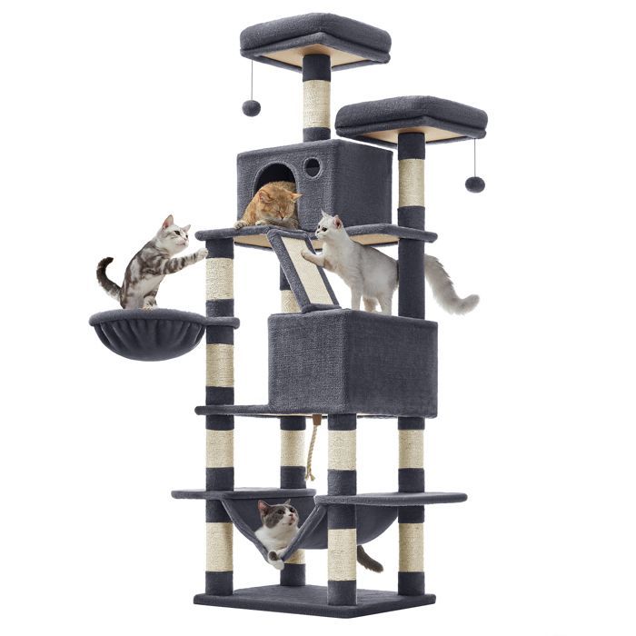FEANDREA Cat Tree, Large Play Tower, 168cm High, 13 Scratching Posts, 1 Scratching Board, 2 Platforms, 2 Caves, Dark Grey