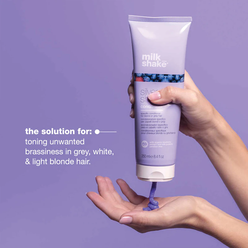 Condicionador milk_shake® Silver Shine para cabelos loiros, neutralizando tons amarelados.