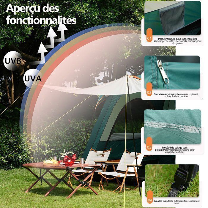 5 à 6 Personnes,Tente de Camping,Tente familiale avec 1Salon et 2Chambre,310*210*180CM,imperméable PU2000 mm camping familiale Bleu