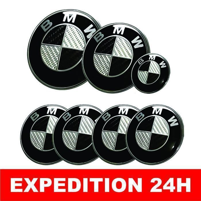 Badge Logo Emblème - BMW - KIT 7 - Carbone Noir - Capot 82mm - Coffre 74mm - Volant 45mm