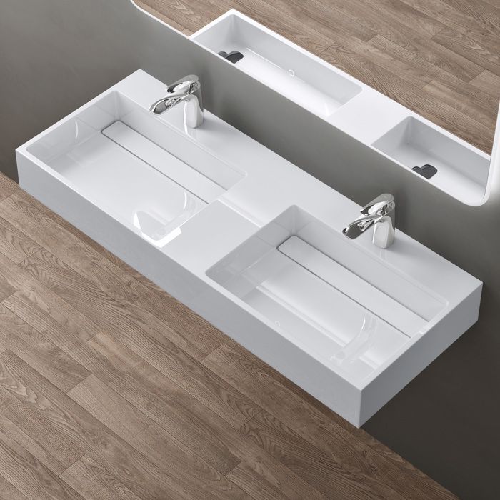 Lavabo doble suspendido Sogood, blanco, 120 cm, lavabo de encimera con desagüe, lavabo rectangular, 120 x 48 x 13 cm, Colossum12