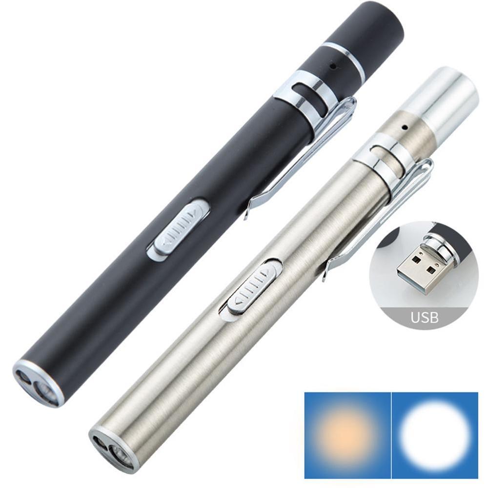 Linterna LED de bolsillo recargable por USB para uso médico, mini linterna de enfermería con clip de acero inoxidable.