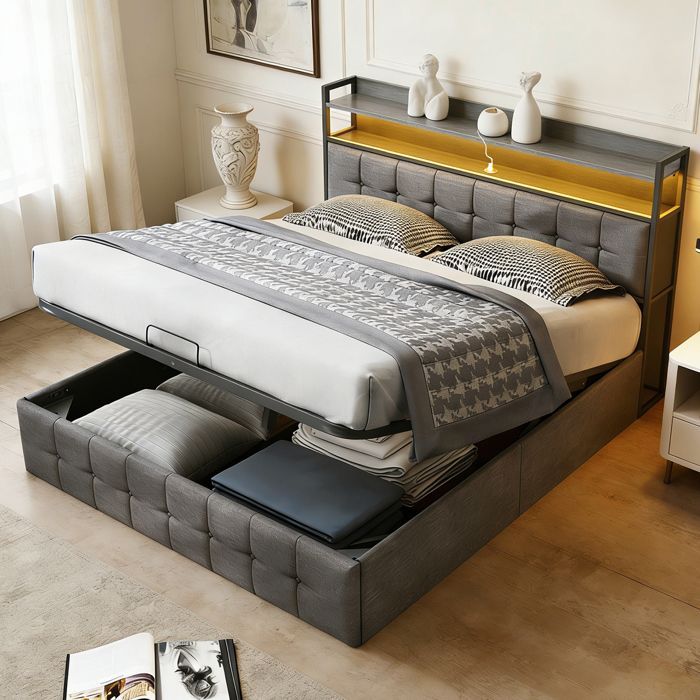 Lit 140x190 cm avec LED, COZY, LED, tissu en lin, cadre de lit double 140x190 cm avec USB et Type C, gris