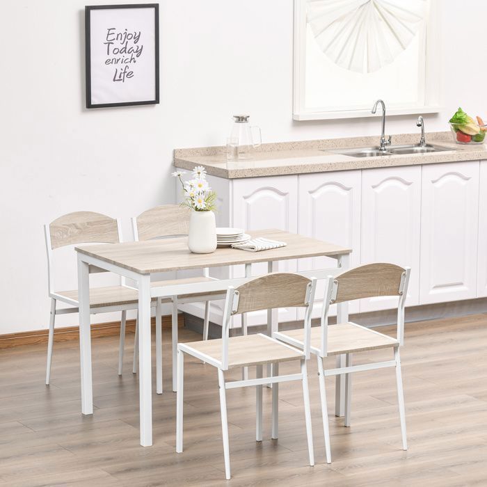 Plaque épaissieCatering Group Set de 5 tables de salle à manger en MDF grainé bois et métal blanc cassé, 1 table et 4 chaises pour