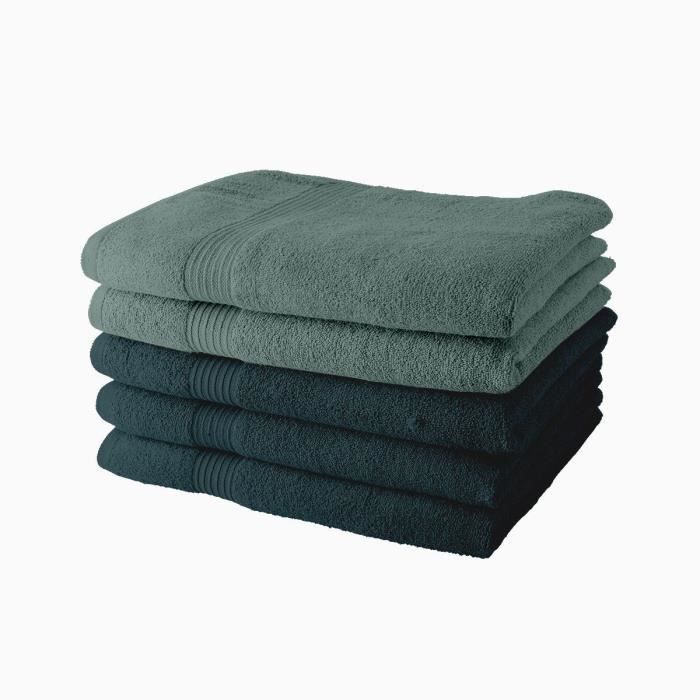 Juego de 5 toallas de baño TODAY de 70x130 cm, 100% algodón: 3 con estampado de pavo real + 2 con estampado de cecidon.