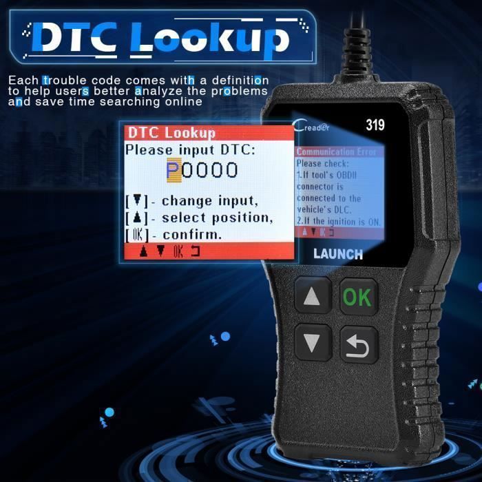 Scanner de diagnóstico automotivo LAUNCH CR319 OBD2/EOBD/CAN para leitura e eliminação de códigos de erro do motor.
