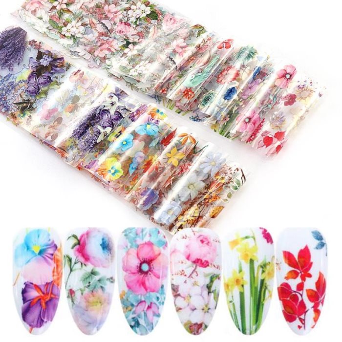 10 autocollants de transfert pour ongles en feuille métallisée, motif floral automnal (lavande, feuilles d'érable, étoiles), 4 x 20 cm, pour la création de vos propres accessoires de manucure.