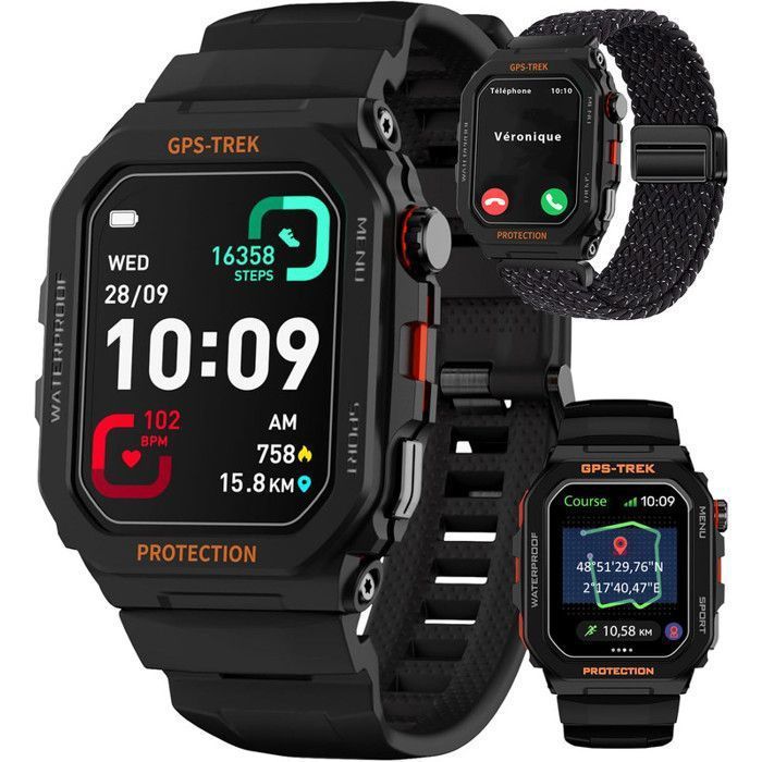 XtraDiTech Montre Connectée GPS Cardio Sport Suivi Itinéraire Localisation Longitude Latitude Couronne Numérique Alexa Strava Noir