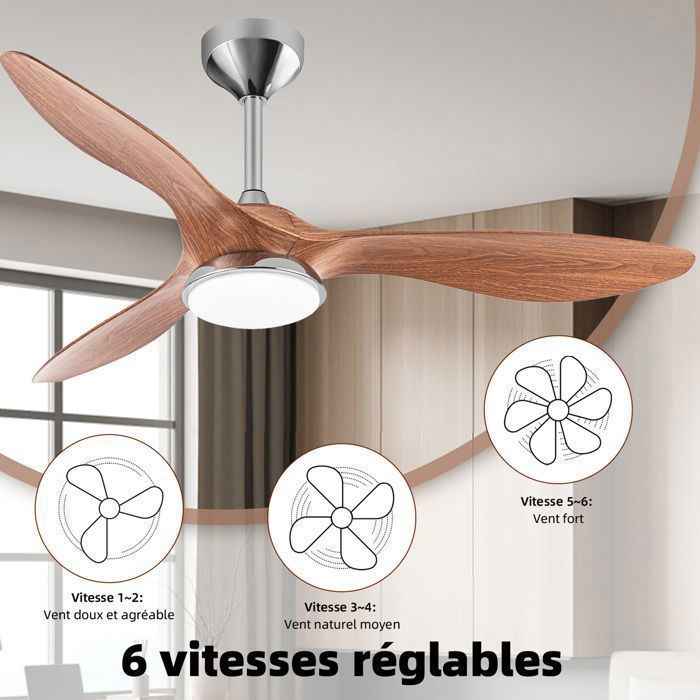 Ventilatore da soffitto con luce, 132 cm con luce LED dimmerabile, pale in ABS effetto legno moderno, telecomando.