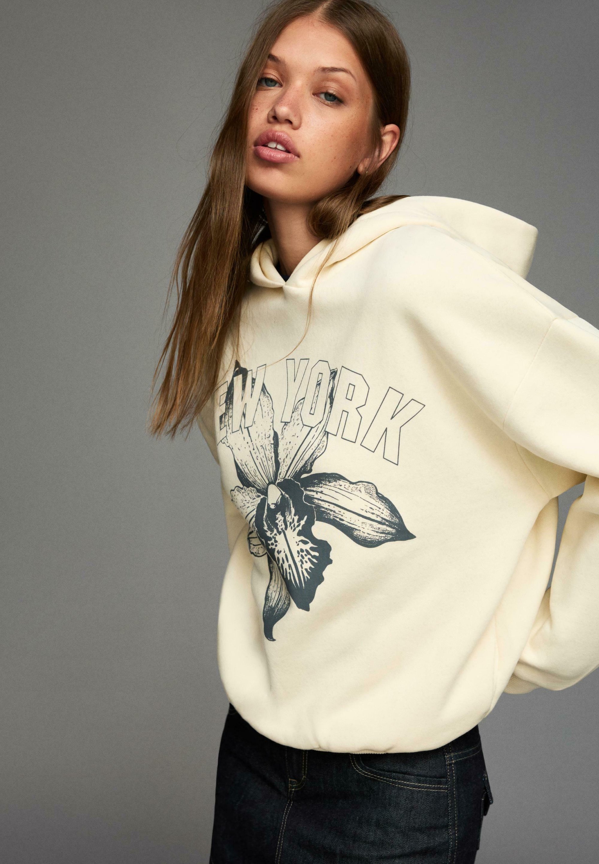 Bershka Hoodie met lange mouwen - bedrukt - beige