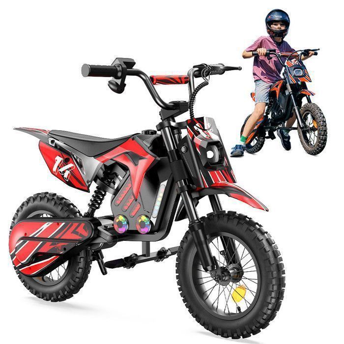 Motocicleta elétrica infantil A14 vermelha, 500 W, 3 velocidades (8-27 km/h), pneus todo-terreno de 14 polegadas, autonomia de 22 km, Bluetooth.