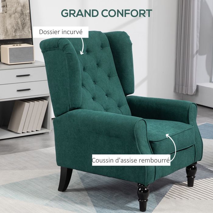 Sillón tapizado - HOMCOM - con asiento ancho, patas de madera, estilo clásico - muy cómodo - 74 x 86 x 102 cm - verde