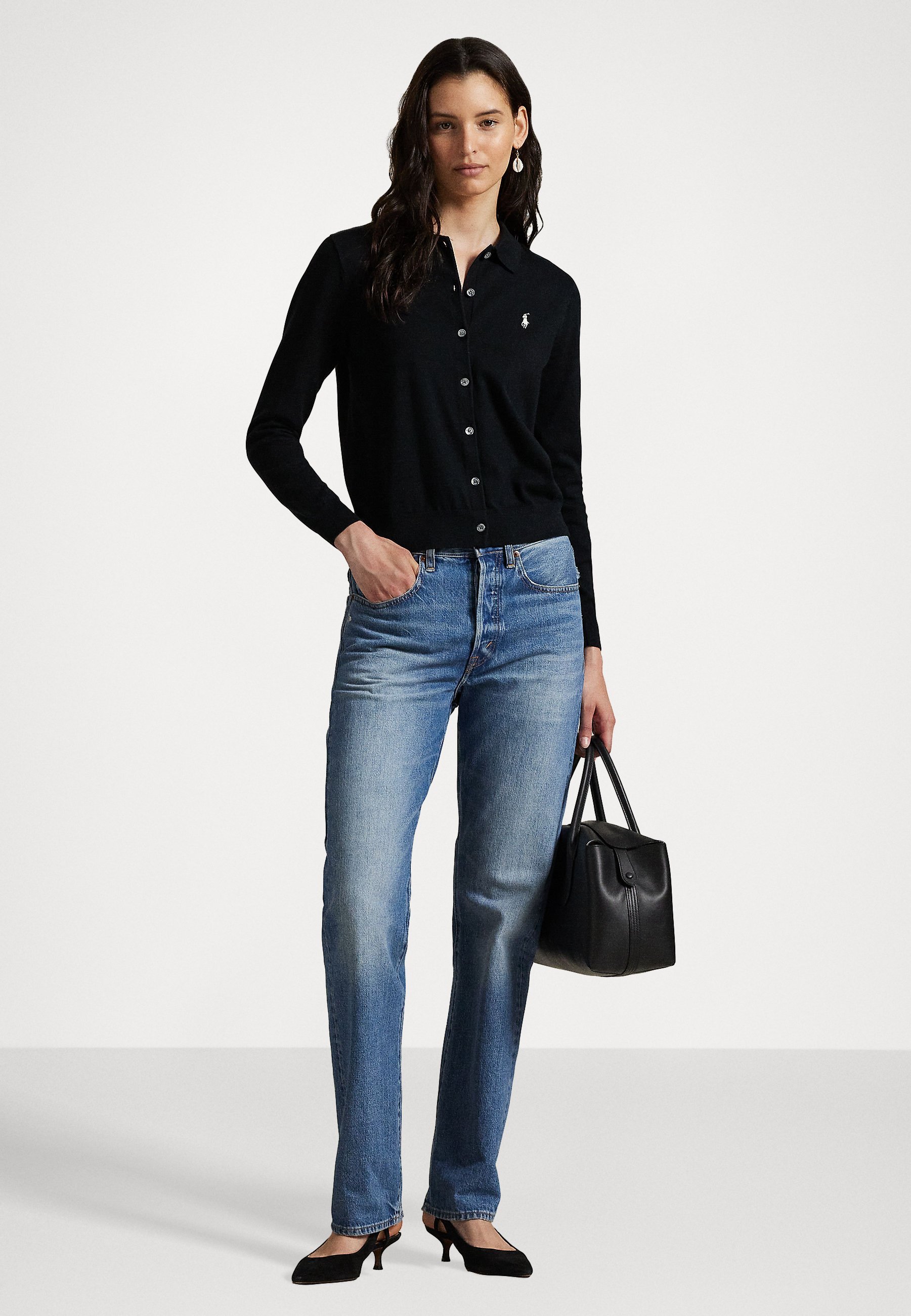 POLO COLLAR BUTTONED CARDIGAN - Kardigan - black