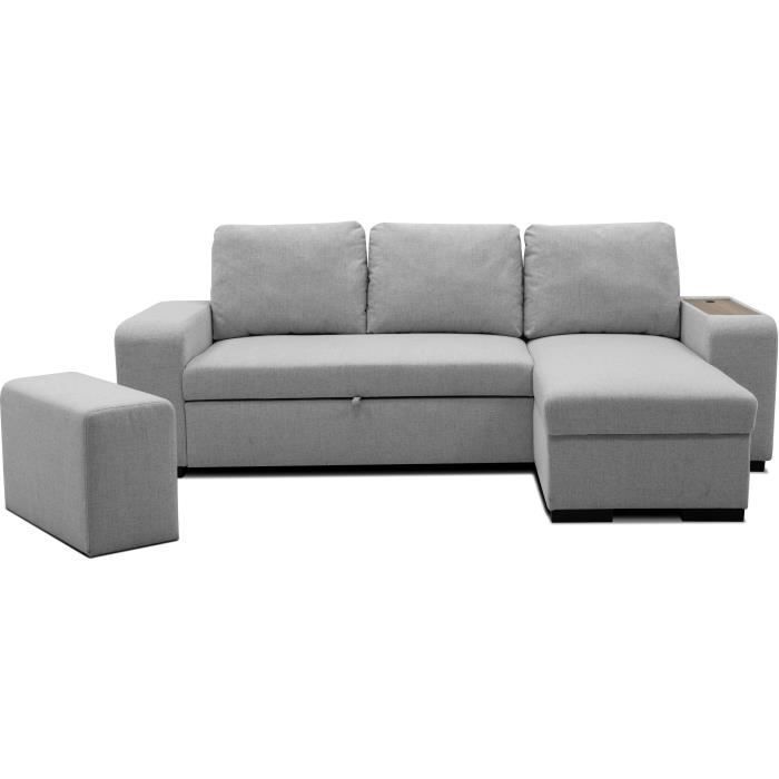Canapé d'angle convertible réversible VALDO 3 à 4 places - Tissu Souris - Tablette avec USB - Coffre + Pouf - L247xP143xH86 cm