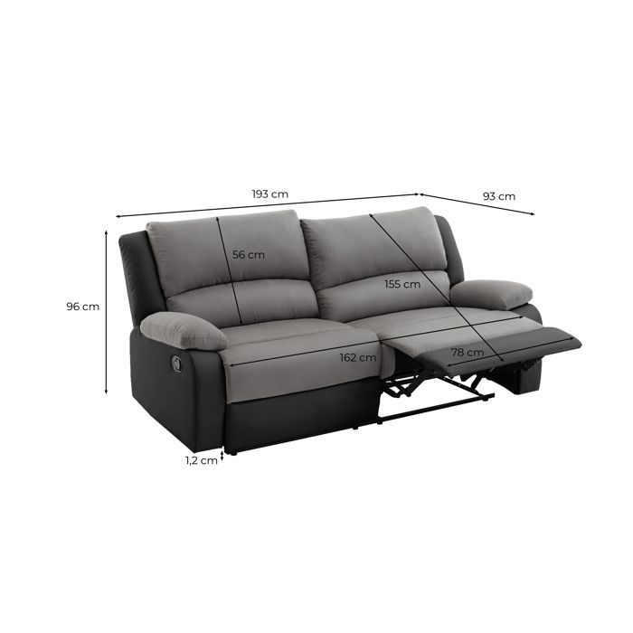 LEO 3-Sitzer-Sofa mit manueller Relaxfunktion und 2 extra großen Sitzen in Mikrofaser und Kunstleder – Weiß/Grau – B 193 x T 93 x H 96 cm – LOUNGITUDE
