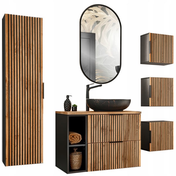Zestaw mebli 80 cm XILO BLACK z umywalką MONA i lustrem LED