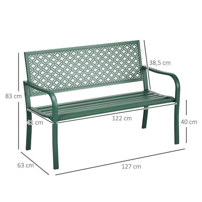 Garden bench - Outsunny - made of steel - with floral patterned backrest, armrests - for 2 people - max. load 240 kg - dark green