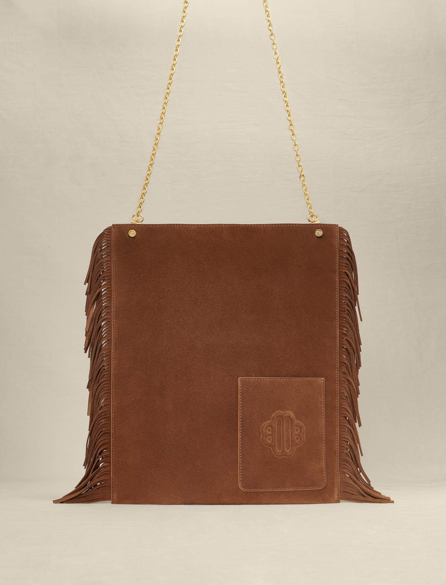 Kameelkleurige suède shopper tas met franjes
