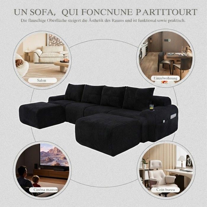 Canapé modulable - LANGTU - 4 places velours côtelé - Noir - 2 poufs - Porte-gobelet & poche latérale