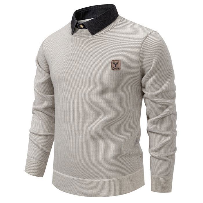 Maglione da uomo lavorato a maglia con colletto foderato in pile, caldo pullover a maniche lunghe, colore a contrasto - Beige