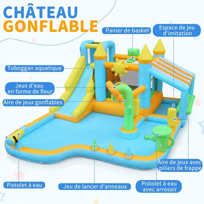Castello gonfiabile - LALAHO - Area giochi gonfiabile con soffiatore da 450 W per bambini, multifunzionale, tema floreale, 356*315*203 cm
