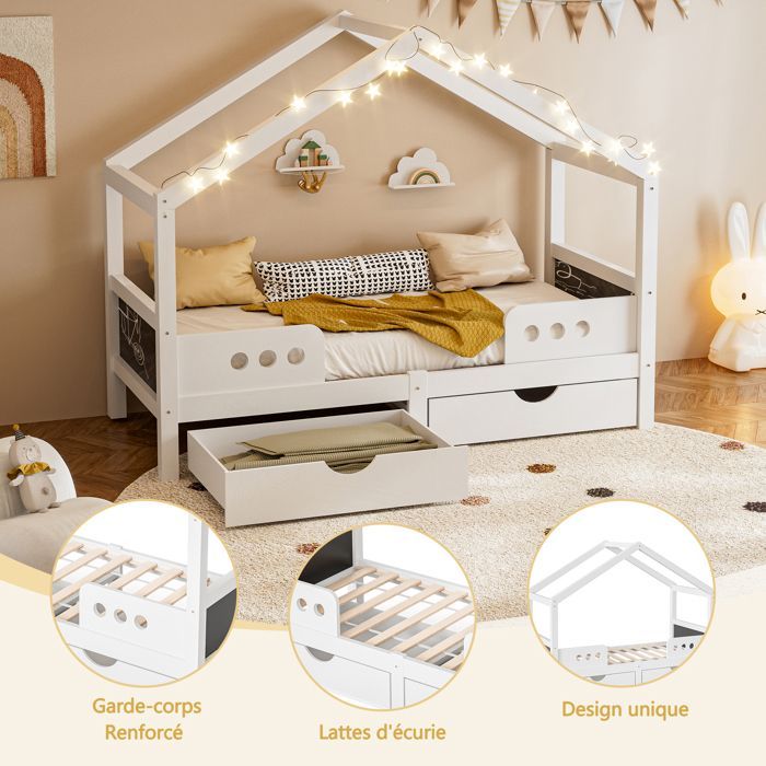 Cama infantil blanca de 90 x 200 cm, cama tipo litera con tablero de dibujo, 2 amplios cajones de almacenamiento y diseño de techo - Madera maciza + MDF