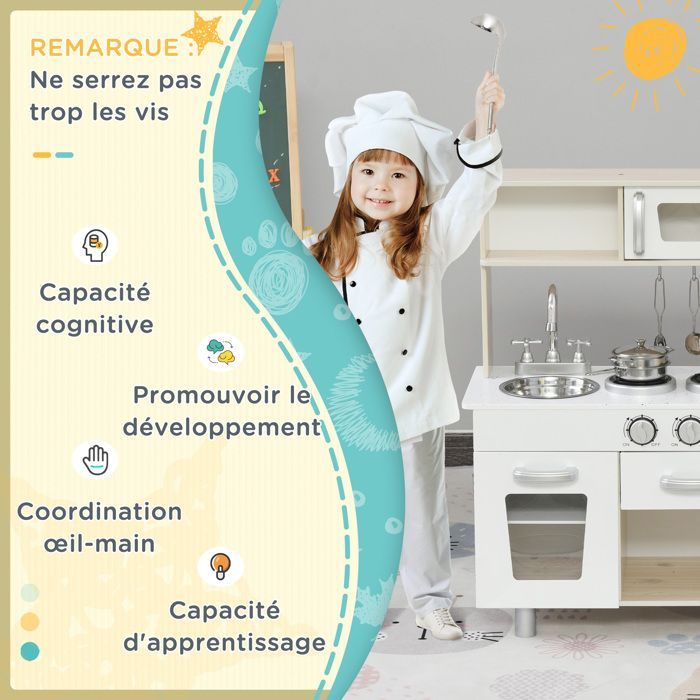 Cuisine pour enfant - HOMCOM - jeu imitation bois nombreux accessoires rangements - MDF pin - blanc chêne clair