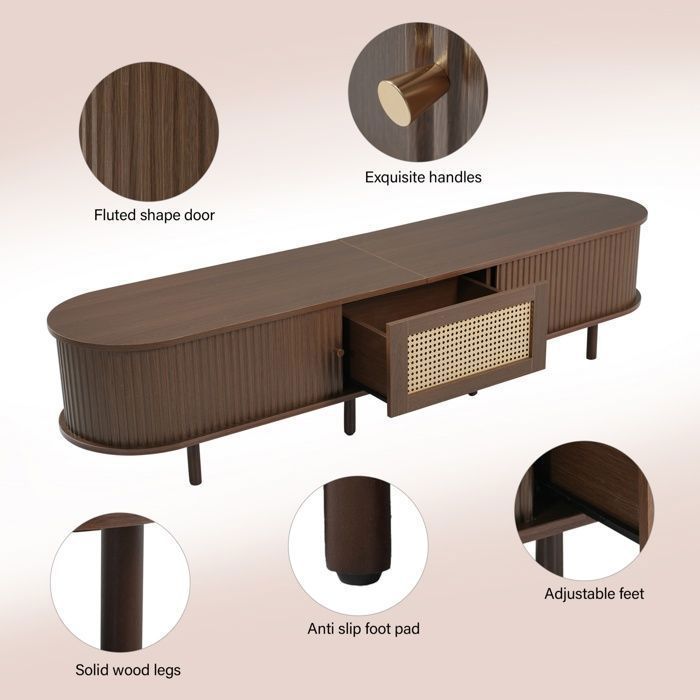 TV stand with 2 sliding doors, 1 drawer and storage compartment, minimalist design living room furniture, 180x40x40cm, walnut