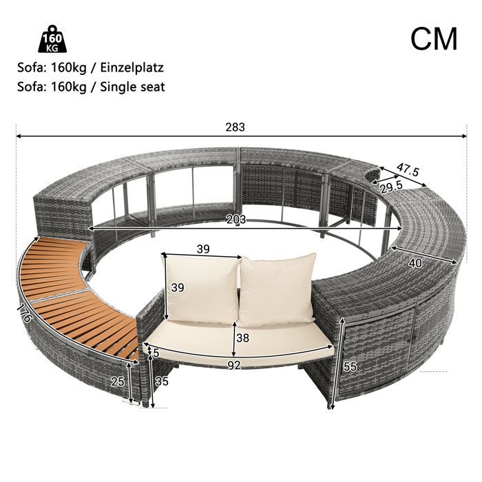 Estructura para spa/jacuzzi/piscina en resina tejida y madera, 283x283x55 cm, gris.