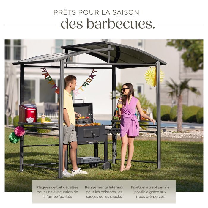 Abri pavillon barbecue - TECTAKE - Abri pour barbecue Asado - Robuste, alu/acier, toit ignifuge - 2,4x1,5x2,34m - gris