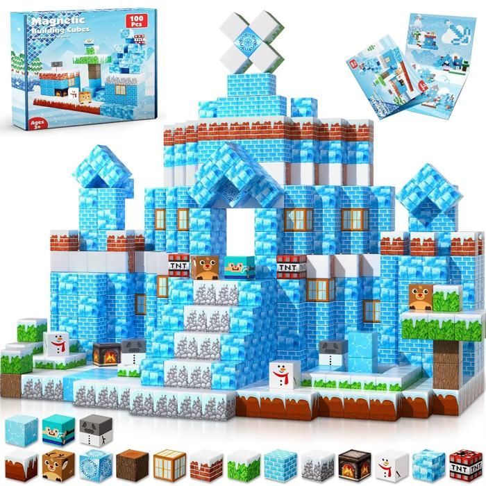Construction Magnetique Enfant - 100 Pièces Cube Magnétique Construire Un Monde de Neige - Montessori Jouets à Partir de 4 Ans