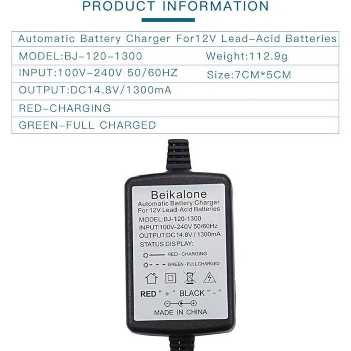 Cargador de 12 V y 1300 mA para baterías selladas de plomo-ácido con protección contra sobrecarga/cortocircuito y carga en 3 etapas.