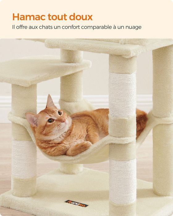 Feandrea Arbre à Chat Hauteur 112 cm, avec 4 Poteaux à Griffer, 2 Plateformes, 1 Niche, 1 Hamac, 2 Pompons, Multi-Niveaux, Beige