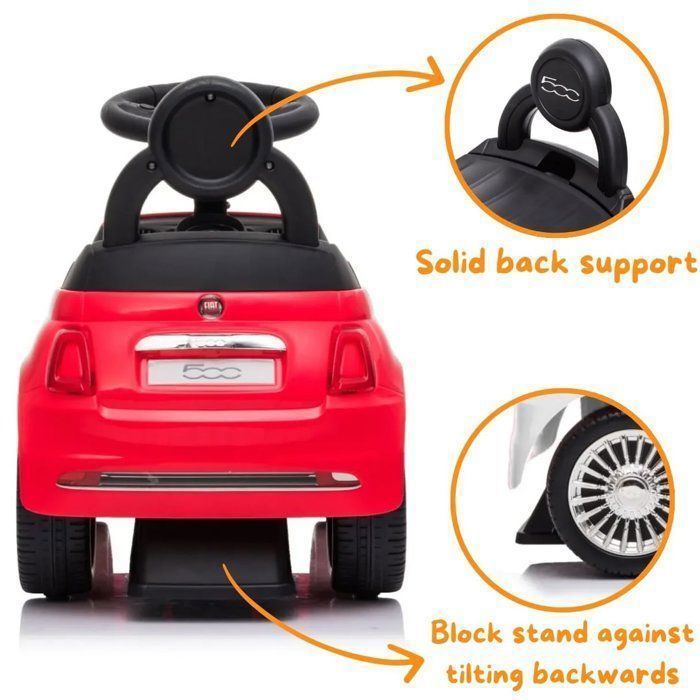 Fiat 500 Porteur Enfant 1 à 3 ans - Rouge - Licence Officielle - Klaxon & Effets Sonores - Aide à la Marche - Coffre - 25kg
