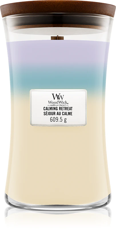 Vela perfumada Woodwick Trilogy Calming Retreat com pavio de madeira
