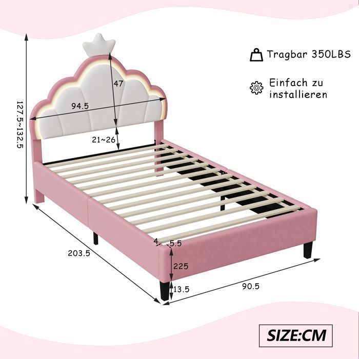 Cama infantil - EIFSON - Cama princesa - 90x200cm - LED - Flanela - Rosa