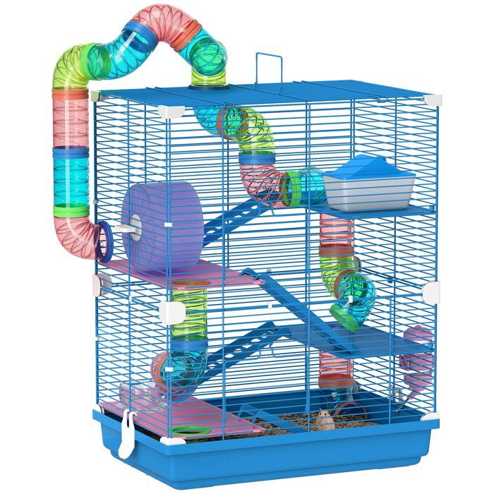 Jaula PawHut de 4 niveles para hámster/roedores con túneles, comedero, rueda, casita y escaleras - 46 x 30 x 58 cm - Azul