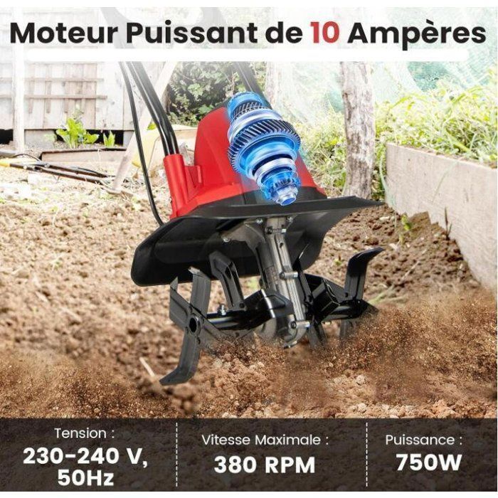 Motoculteur Electrique Filaire - RELAX4LIFE - 750W - 4 Lames - Profondeur de Travail 22CM - Largeur de 32CM - Guidon Pliant - Rouge