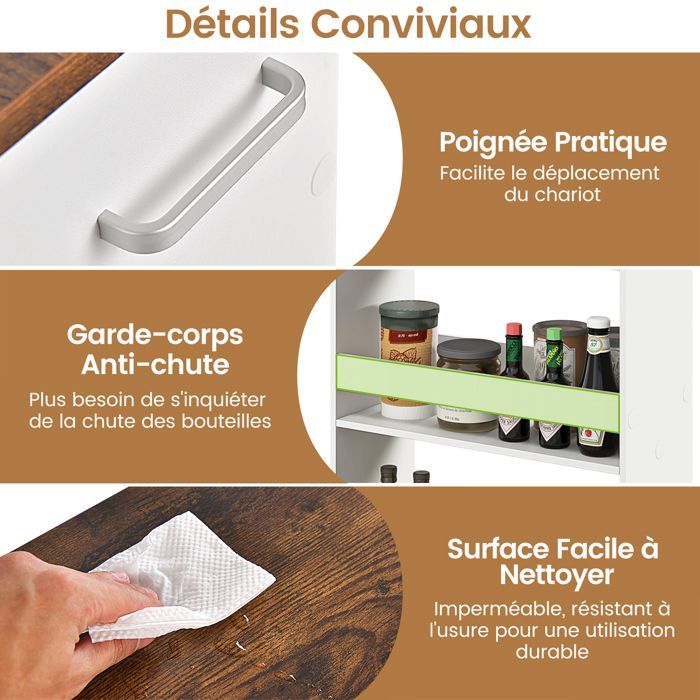 GIANTEX Desserte de Cuisine avec Roulettes à 4 Niveaux, Chariot de Service Étroit avec Poignée, 47,5 x 20 x 80,5 cm, Blanc+Marron