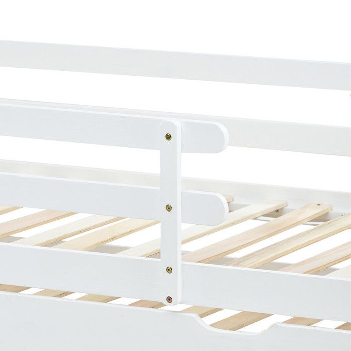 Letto a castello allungabile 90 x 200 cm, letto estraibile per bambini, in legno massello di pino, con rete a doghe inclusa, colore bianco e naturale.