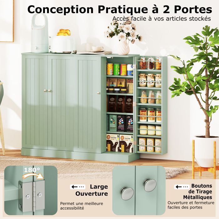 Aparador de cocina COSTWAY de 104 cm, puertas con apertura de 180°, estantes ajustables, kit antivuelco, para comedor/sala de estar, color verde.