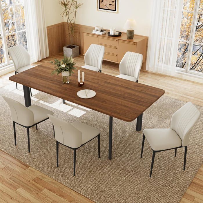 Stilvoller Moderner MDF-Platten Esstisch Mit Stühlen Set Für Das Wohnzimmer(160-200 cm Walnuss-Tisch + 6 white Stühle)