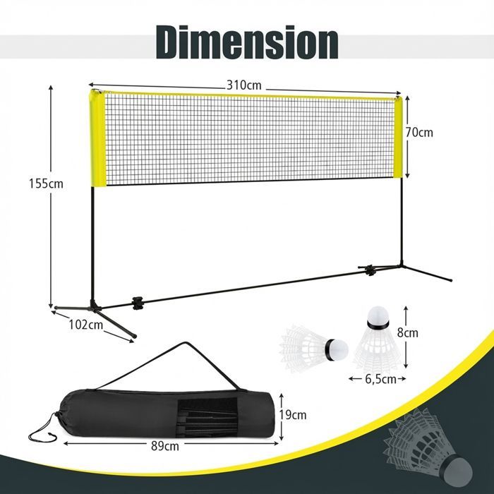 Red de bádminton portátil COSTWAY 310x102x89-155cm - Altura ajustable - 2 volantes - PE - Montaje en 5 minutos - Bolsa de almacenamiento - Amarillo