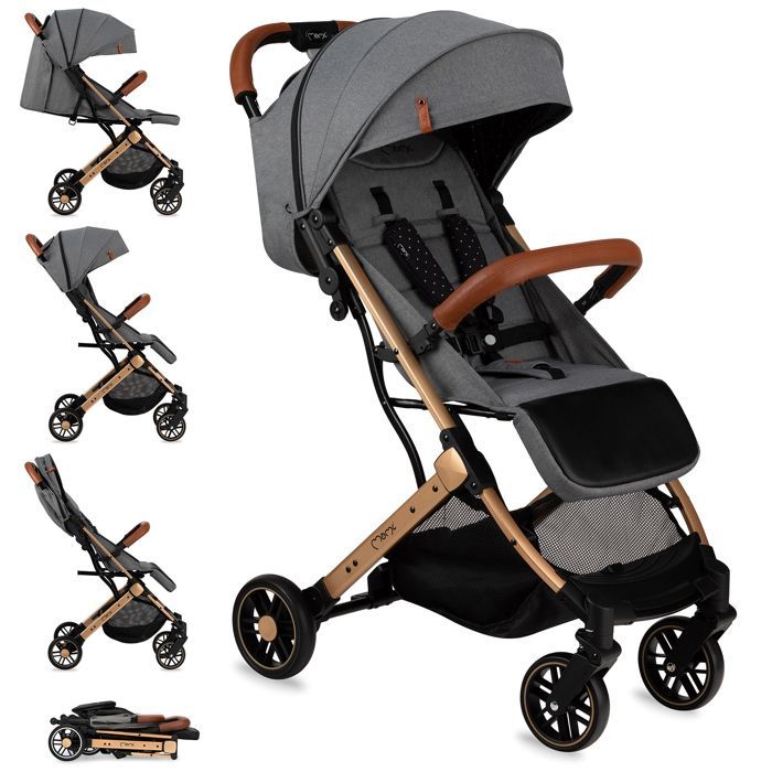 MoMi ESTELLE – Ultra Compact Baby Stroller – Lightweight 7.7 kg – One-Hand Fold – Suitcase Handlebar – Gold Grey