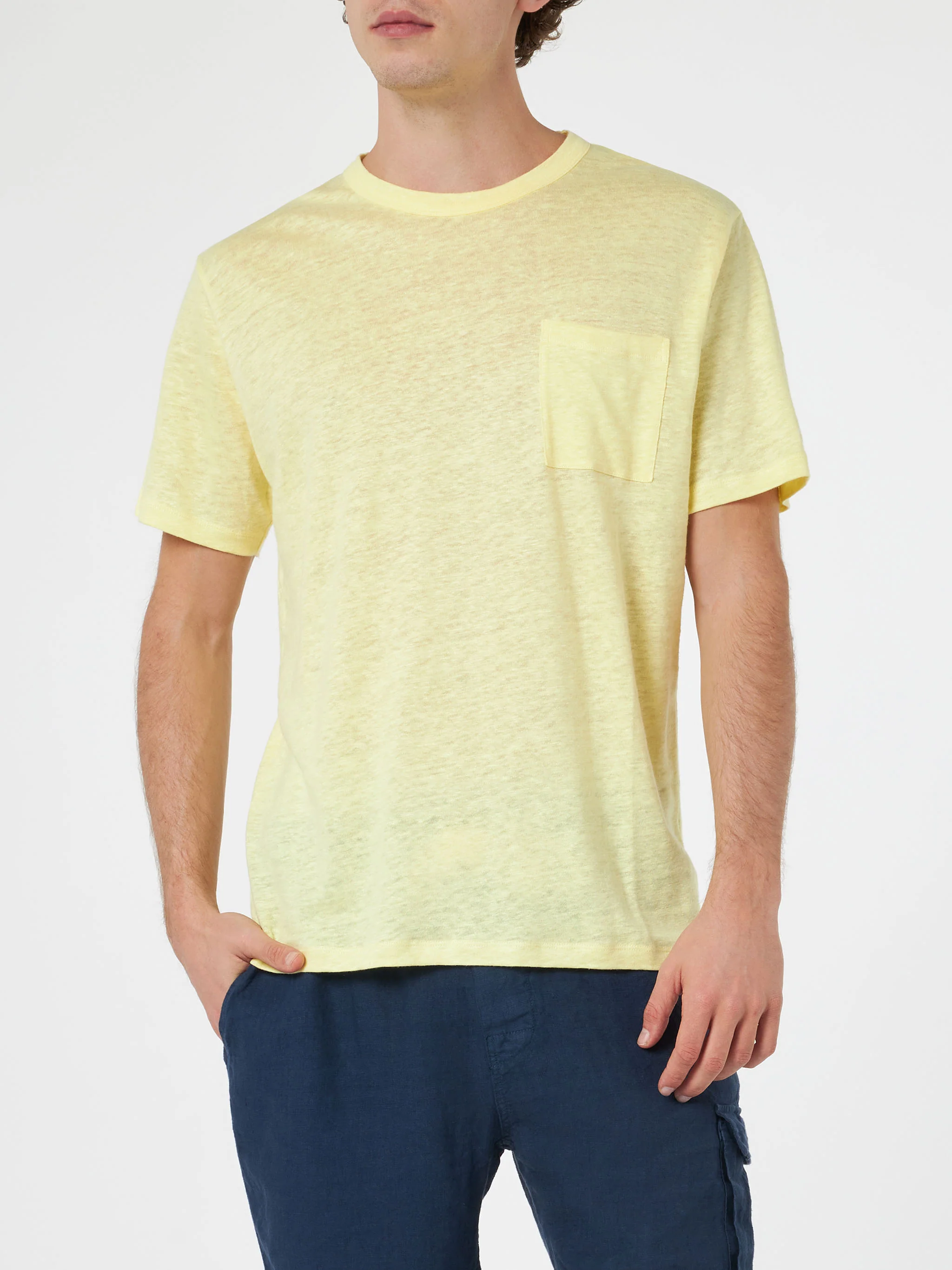 Ecstasea heren T-shirt van geel linnen met zakje