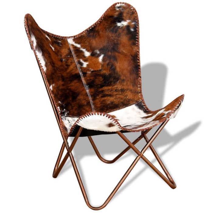 Silla mariposa - Piel auténtica - Marrón y blanco - 1 plaza - Estilo vintage - Para interior